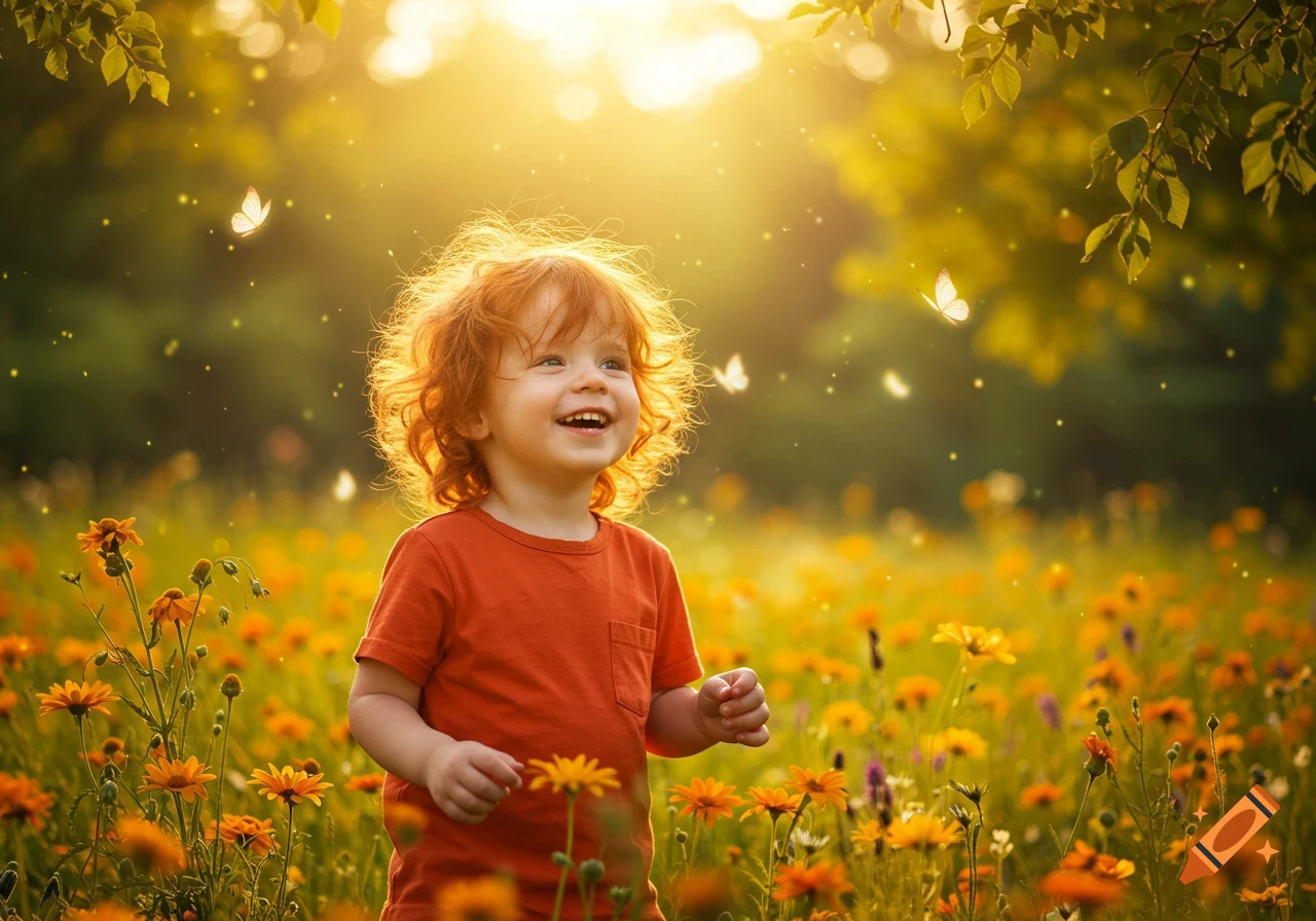 A joyful child with red curly hair smiles in a sunlit field of orange flowers with butterflies.