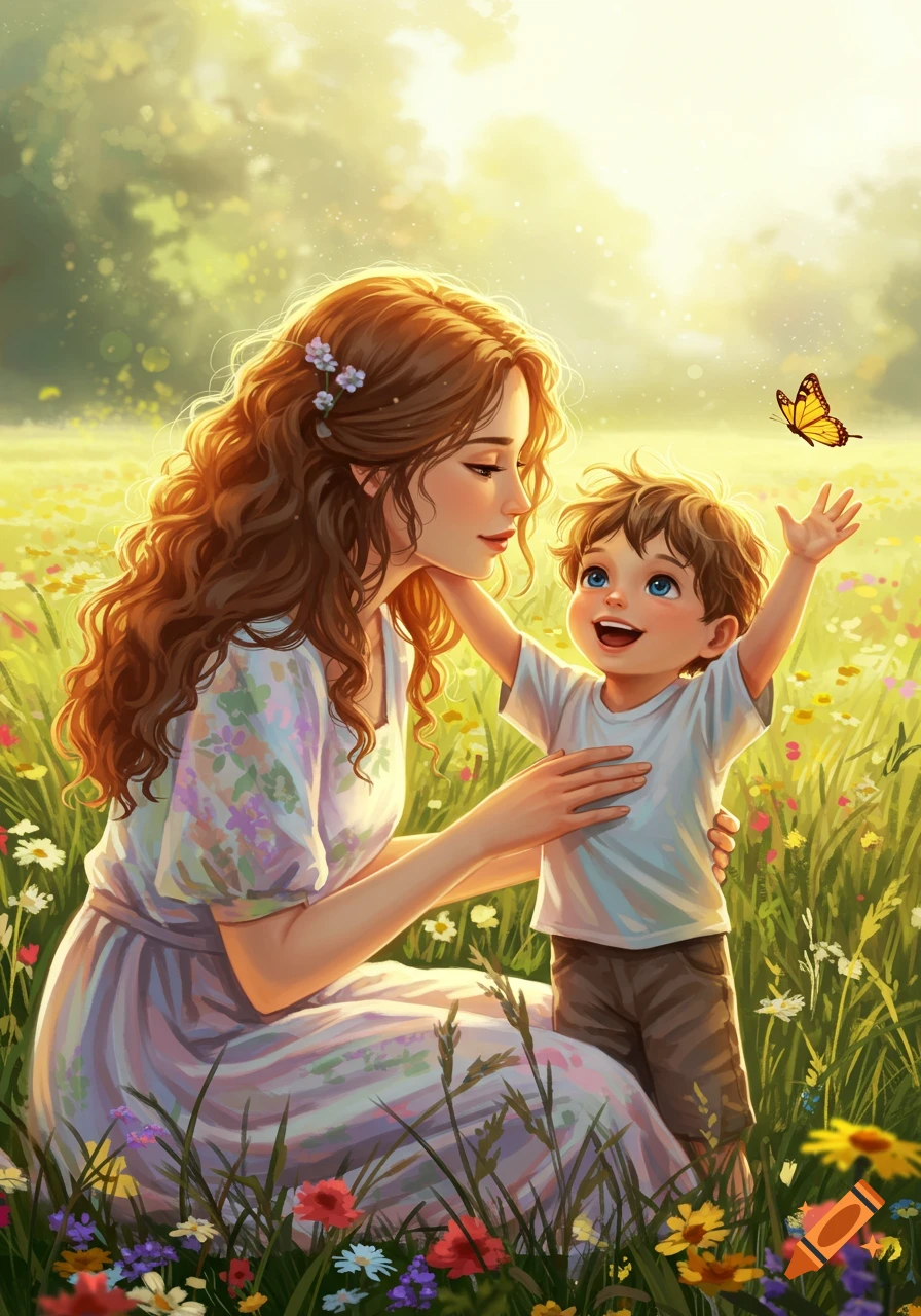 Digital painting of a mother and her child in a sunny wildflower meadow. The child smiles, reaching for a butterfly.