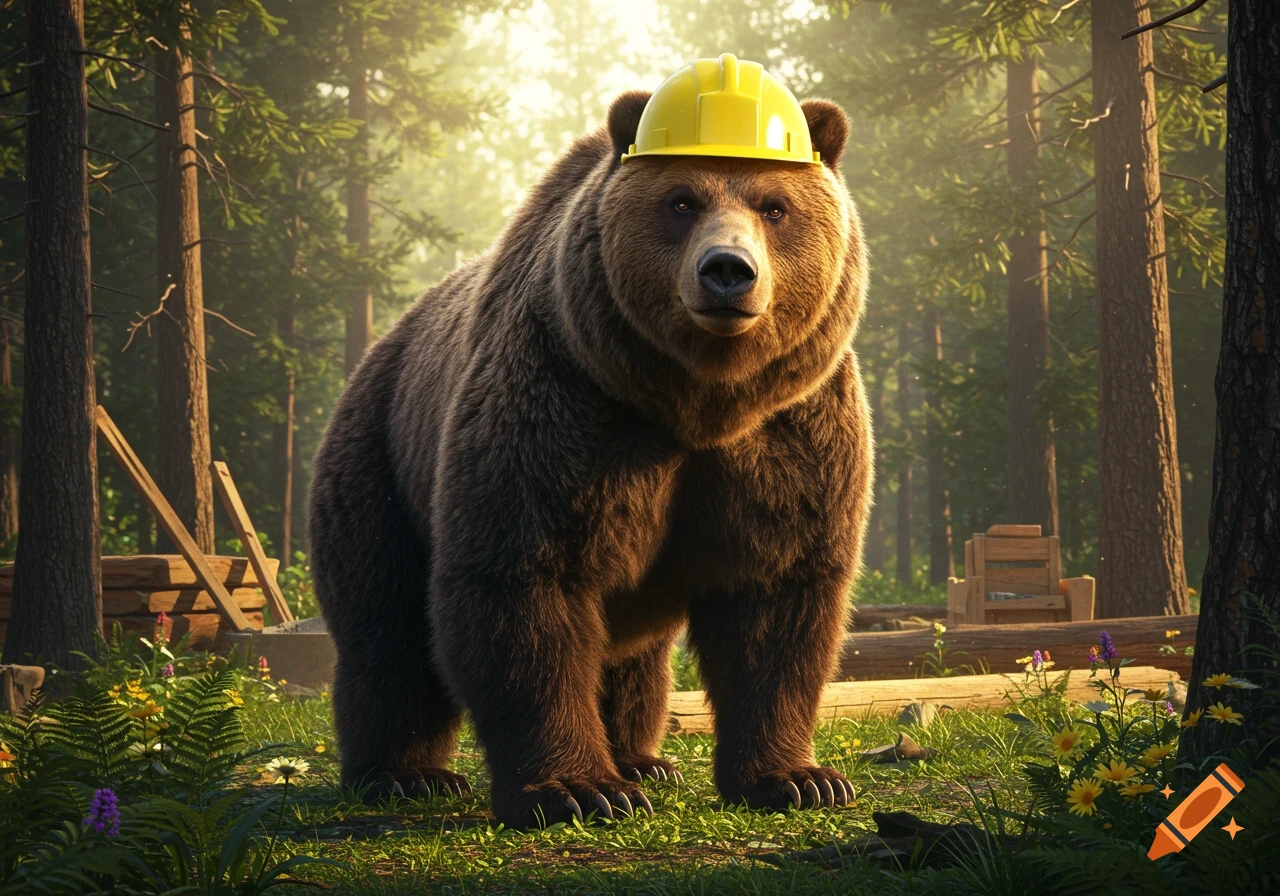 A large grizzly bear wearing a yellow construction hat stands in a sunlit forest, photorealistic.