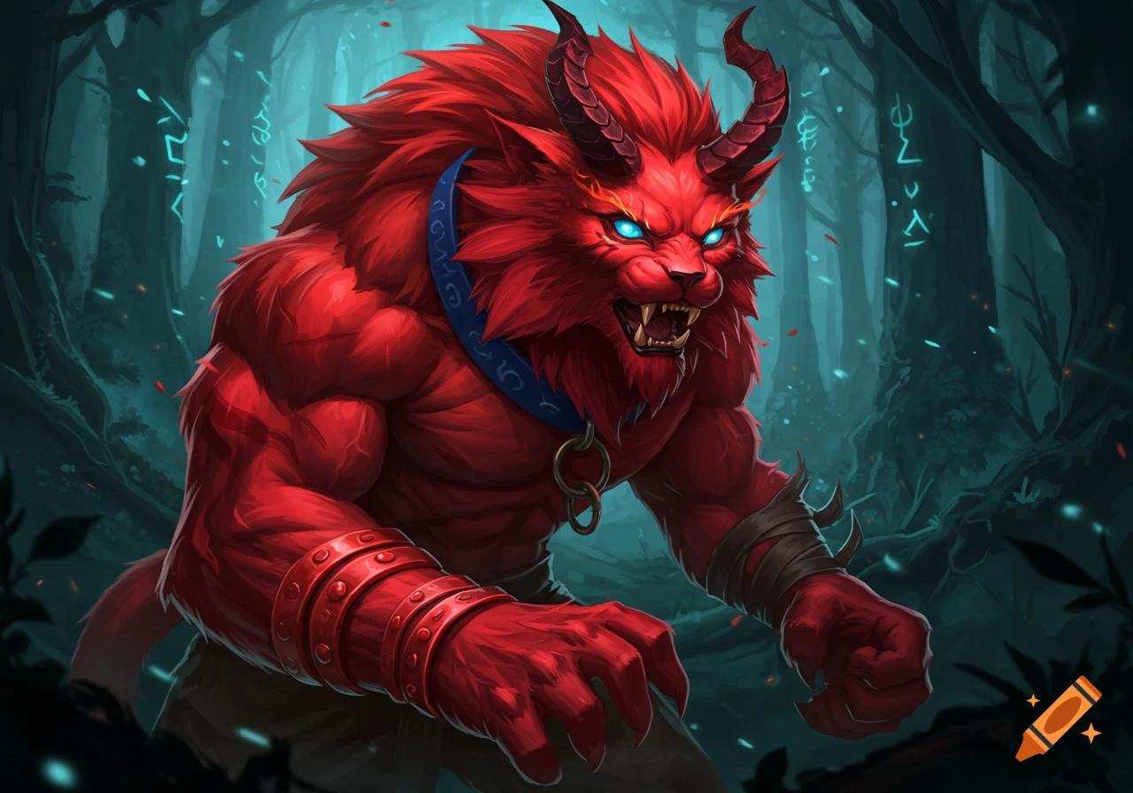 A fierce, muscular red demon with glowing blue eyes, horns, and a spiked collar stands in a dark fantasy forest.