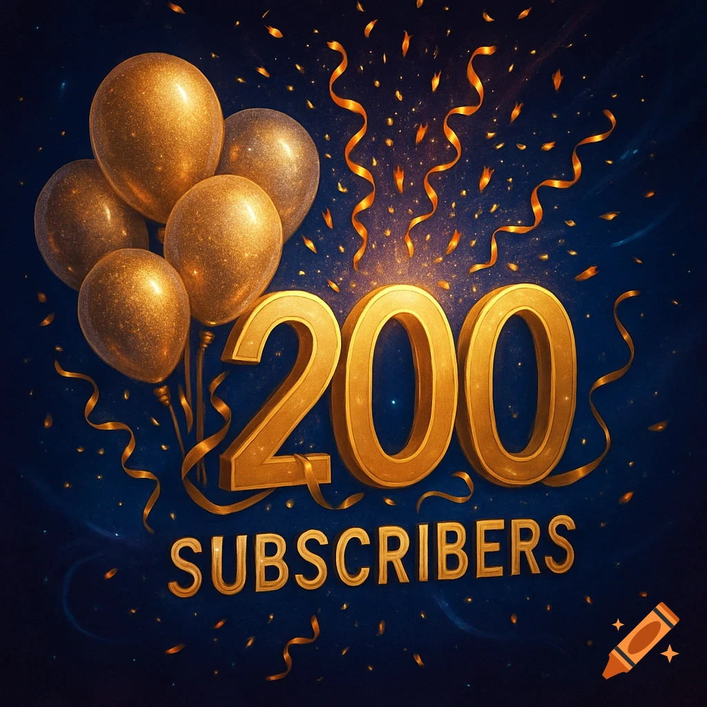 Golden 3D numbers '200' and 'SUBSCRIBERS' text, surrounded by golden glitter balloons and confetti on a dark blue background.