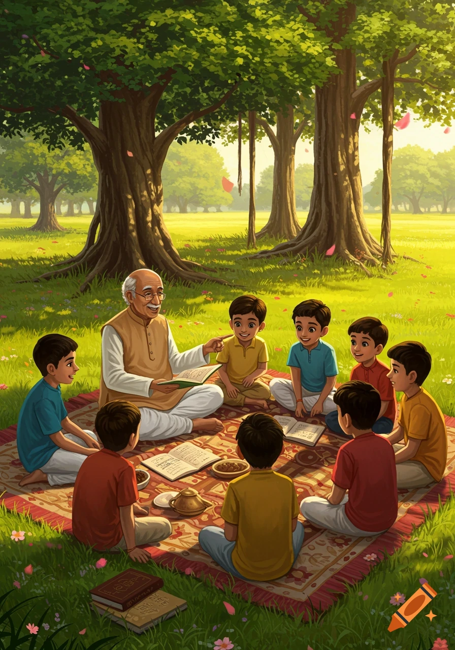 An illustrated scene of an Indian teacher sitting under trees, reading to young boys in a sunny park.