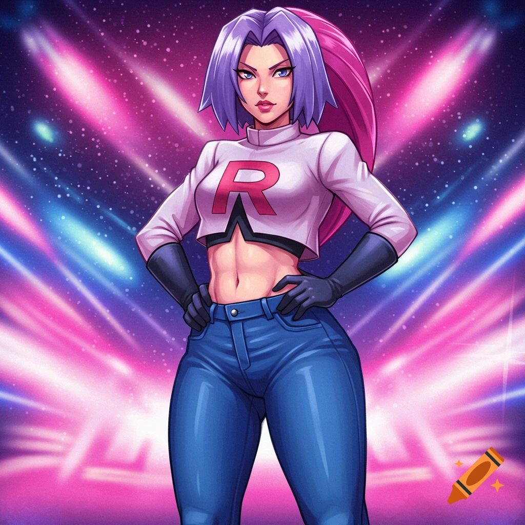 An animated female character resembling Jessie from Team Rocket, with purple hair and pink ponytail, wearing a white crop top with a red 'R', blue jeans, and black gloves, stands with hands on hips against a neon pink and blue cosmic background.