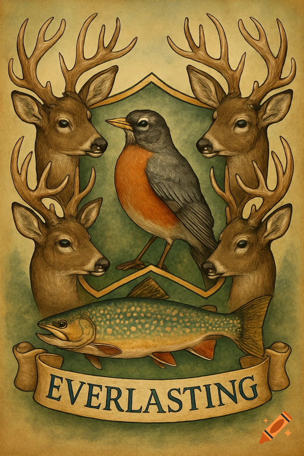 A stylized heraldic coat of arms featuring four deer heads, a robin, and a brook trout, with 'EVERLASTING' on a banner at the bottom.