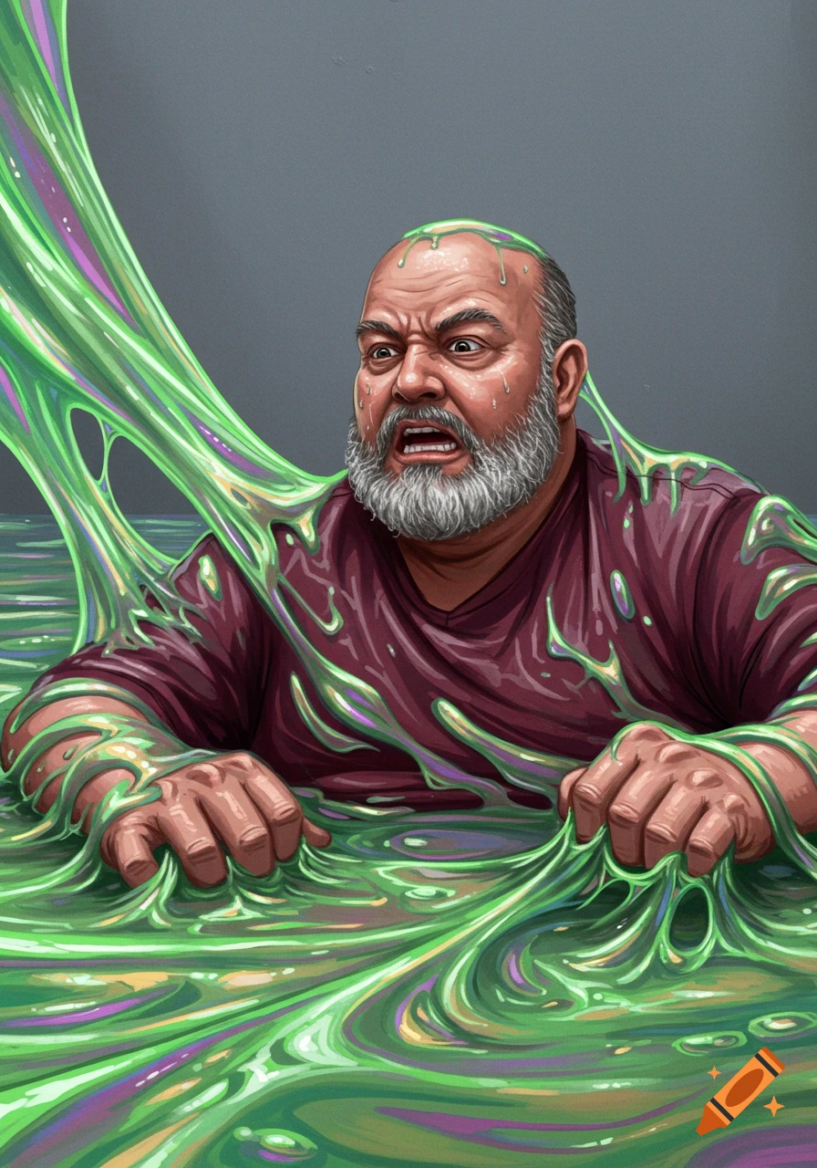 Balding, bearded man with a distressed expression, sinking into vibrant green and purple goo.