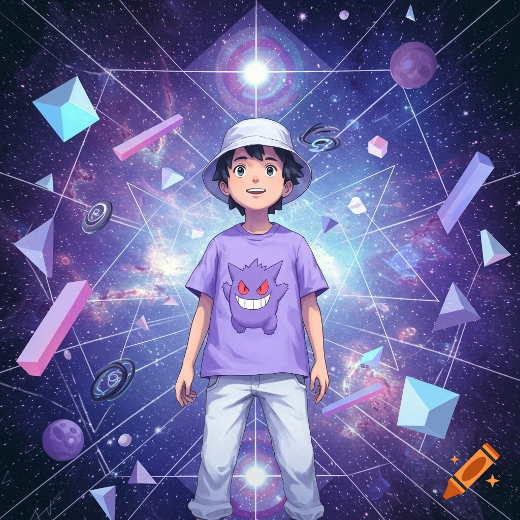 An animated boy in a white bucket hat and a purple Gengar shirt stands in a cosmic space filled with glowing geometric shapes.