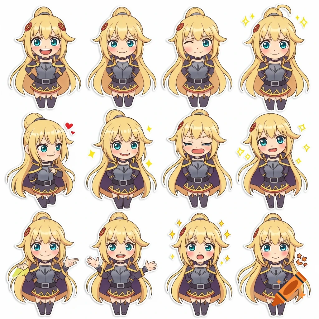 A set of 12 chibi-style illustrations featuring a blonde anime girl with various facial expressions and poses.