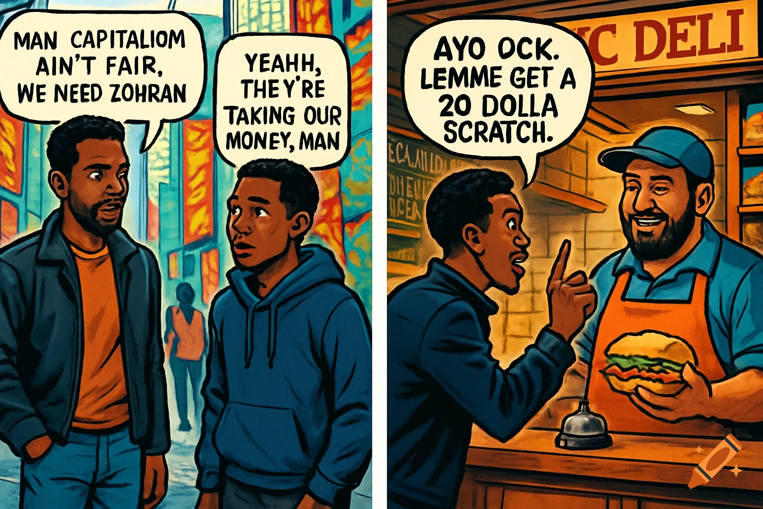 A two-panel comic strip. In the left panel, two Black men discuss ...