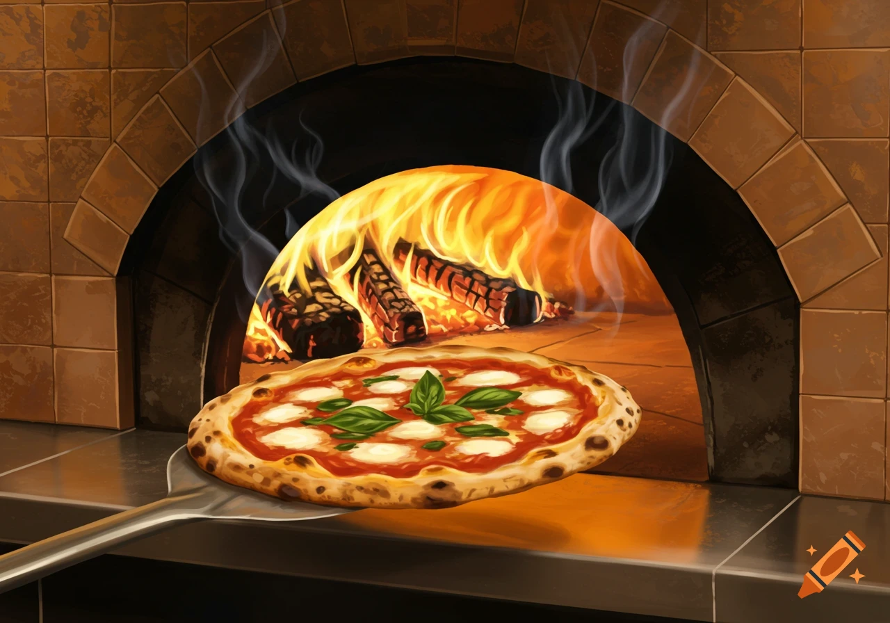 A delicious Margherita pizza on a metal peel being pulled from a glowing wood-fired brick oven.