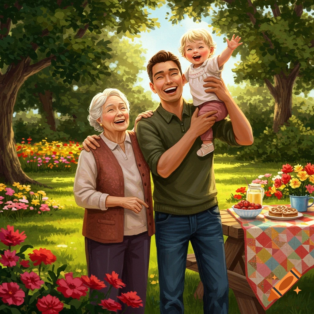 A happy family (father, baby, grandmother) smiles in a sunny park with colorful flowers and a picnic table.