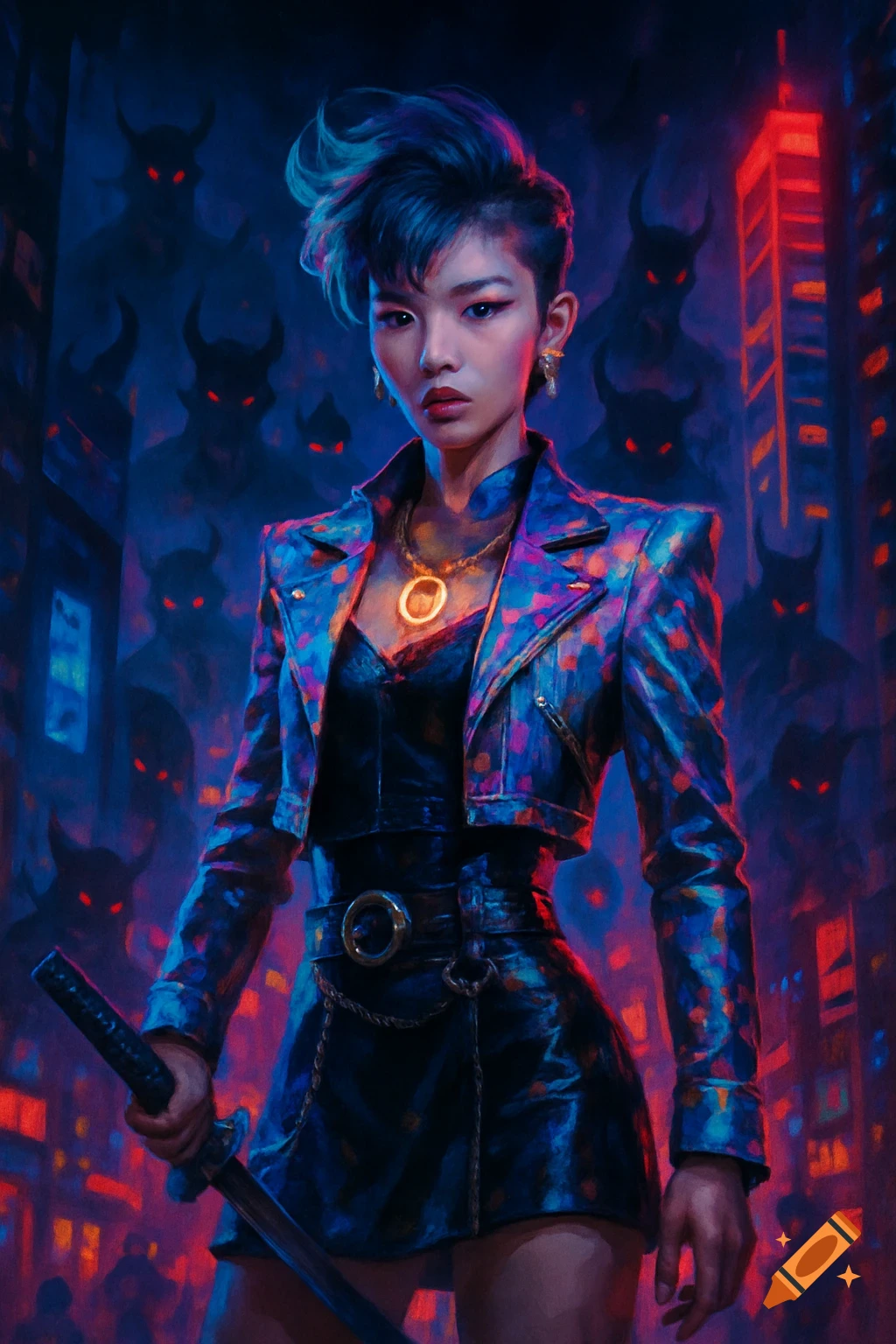A stylized digital painting of a punk woman holding a katana in a neon cyberpunk city, with shadowy horned figures in the background.