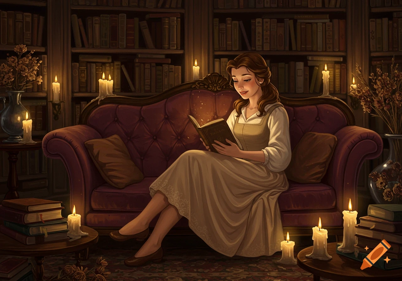 A woman resembling Belle from Beauty and the Beast reads a book on a purple velvet couch in a candlelit library.