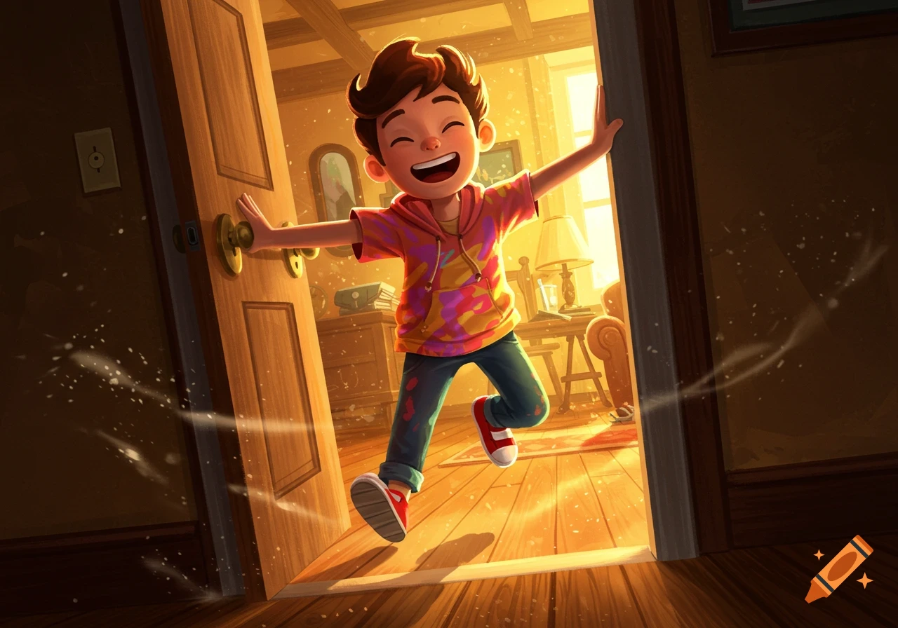 A happy cartoon boy in a colorful hoodie and jeans bursts through a sunlit doorway.