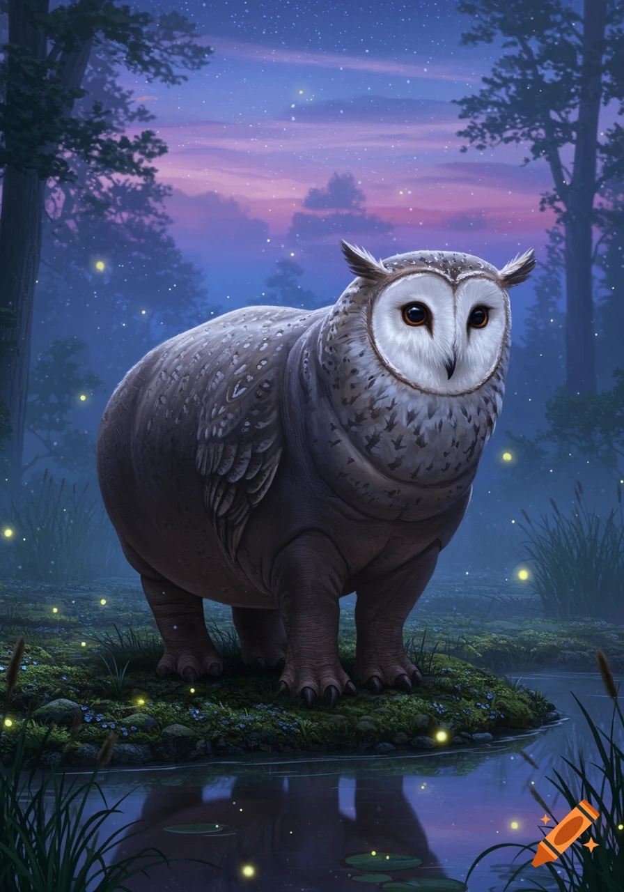 A mystical hippo-owl hybrid with a barn owl head stands on a mossy bank beside water in a firefly-lit forest at twilight.