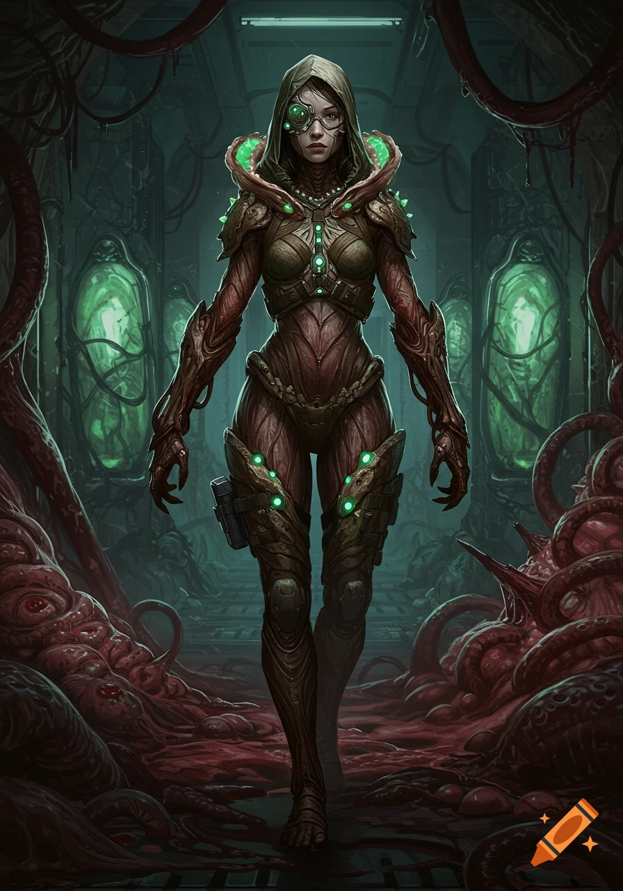 A female sci-fi mercenary in green-lit biomechanical armor stands in a decaying, organic corridor with glowing stasis pods.
