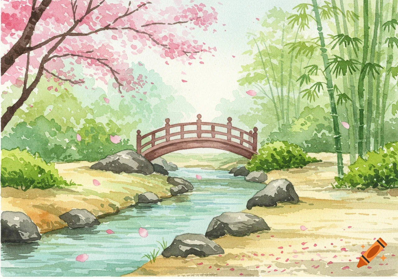 Watercolor painting of a tranquil Japanese garden with a bridge over a stream, cherry blossoms, and bamboo.