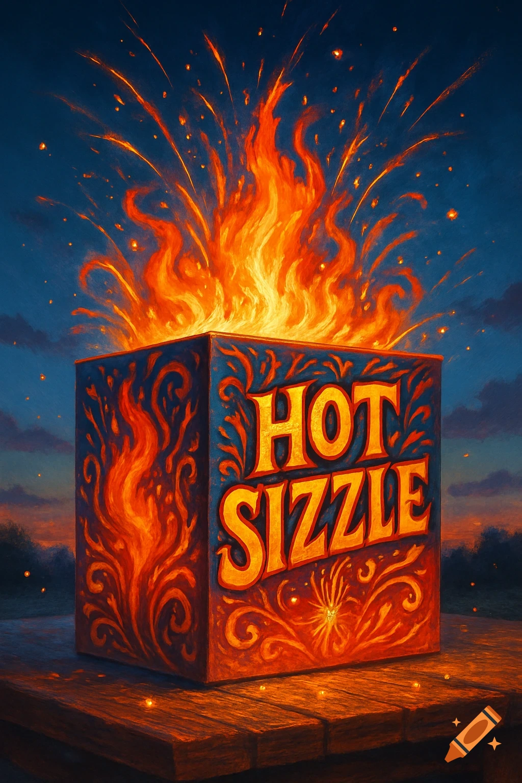 A stylized illustration of a box labeled 'HOT SIZZLE' on a wooden surface, emitting fiery orange flames and sparks into a dark blue sky.