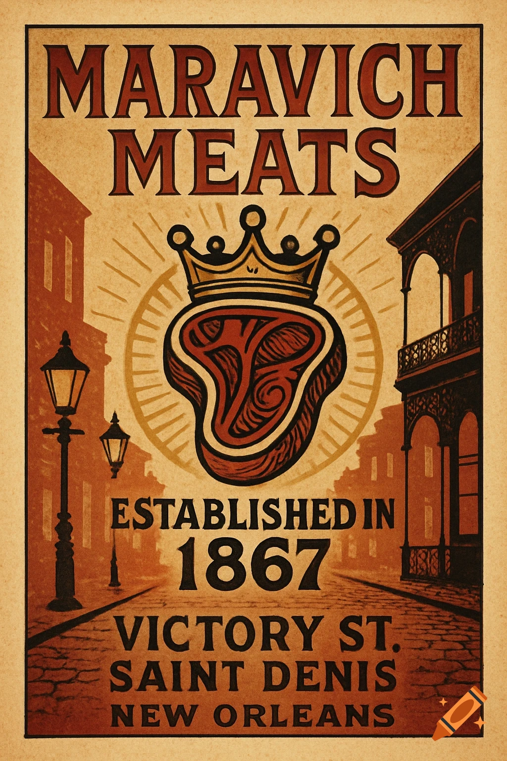 Vintage-style poster advertisement for Maravich Meats in New Orleans, featuring a crowned steak logo.