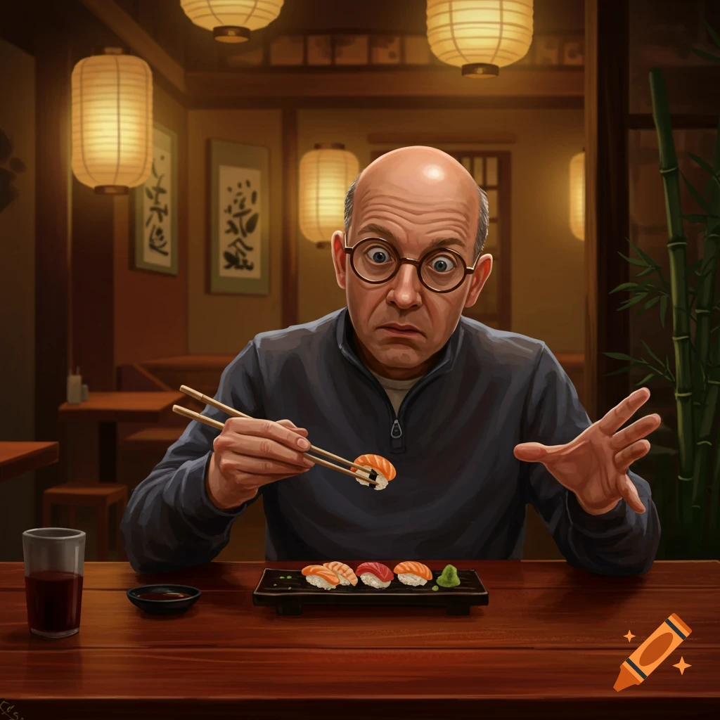 A bald man with round glasses looks confused while holding chopsticks over a plate of sushi in a Japanese restaurant.