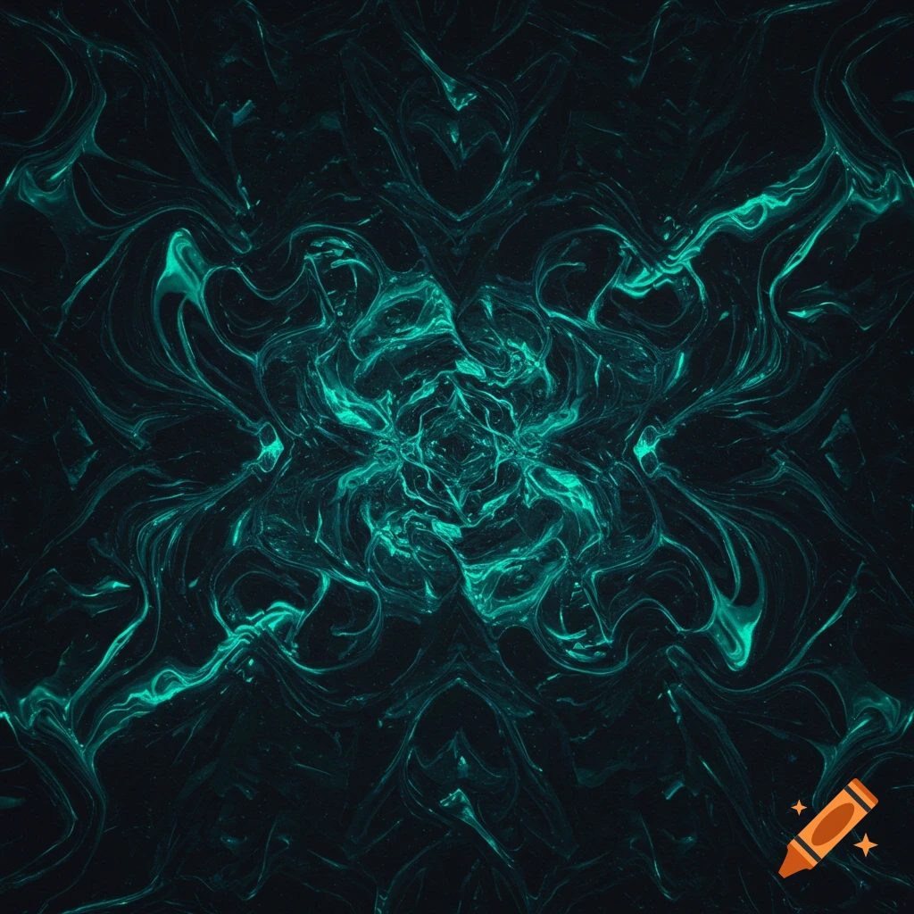 An abstract dark background with swirling, glowing teal and cyan liquid-like patterns that form a symmetrical design.