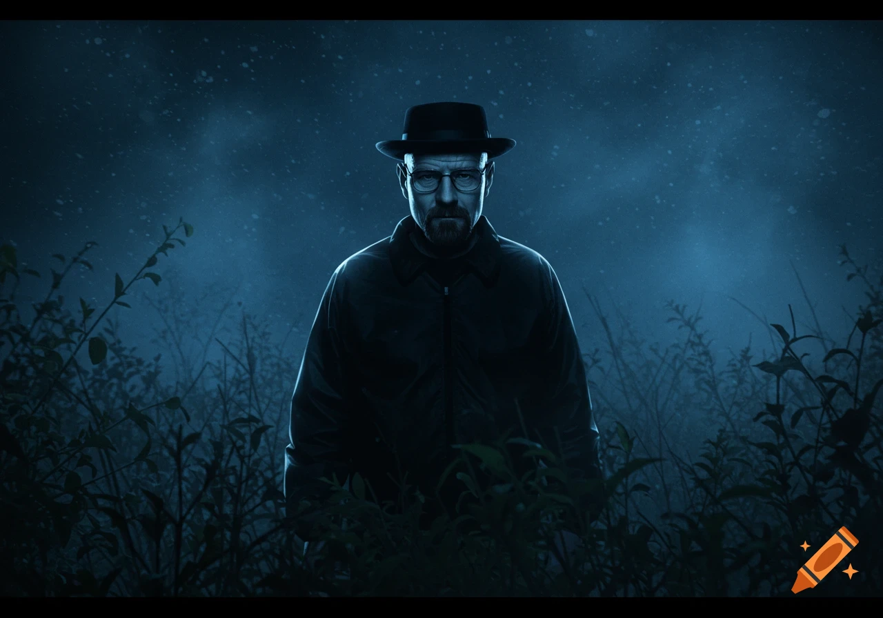 A man resembling Walter White in a hat and glasses stands illuminated in a dark, moody field at night.