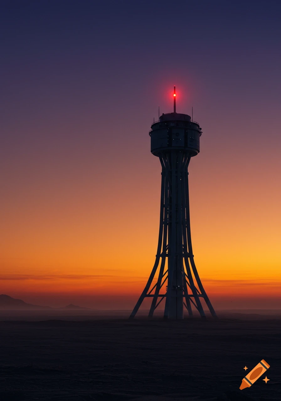 A tall, modern satellite tower stands isolated against a dramatic sunset sky with a red light on its top point.