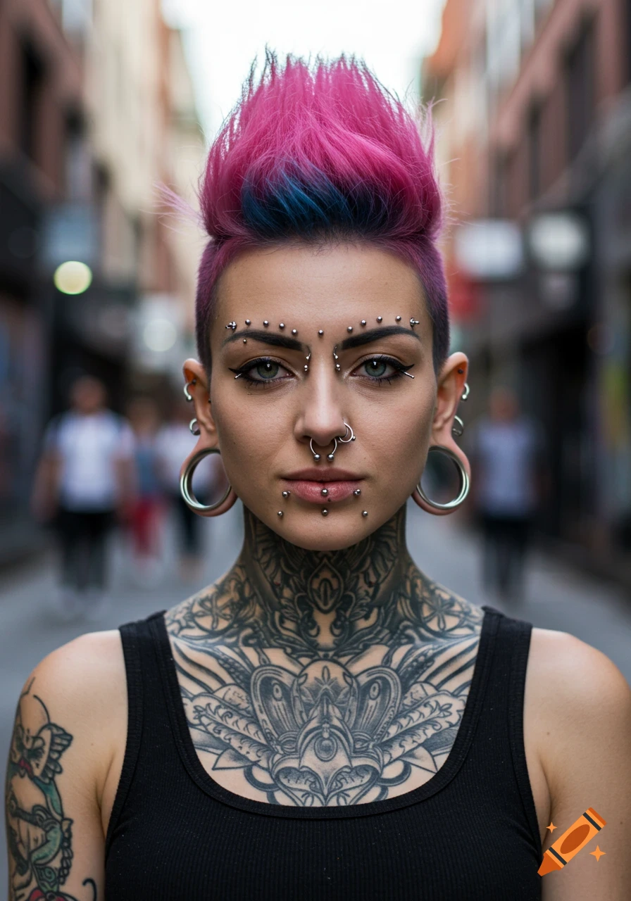 A close-up portrait of a woman with pink and blue fauxhawk, numerous facial and ear piercings, and extensive neck and chest tattoos.