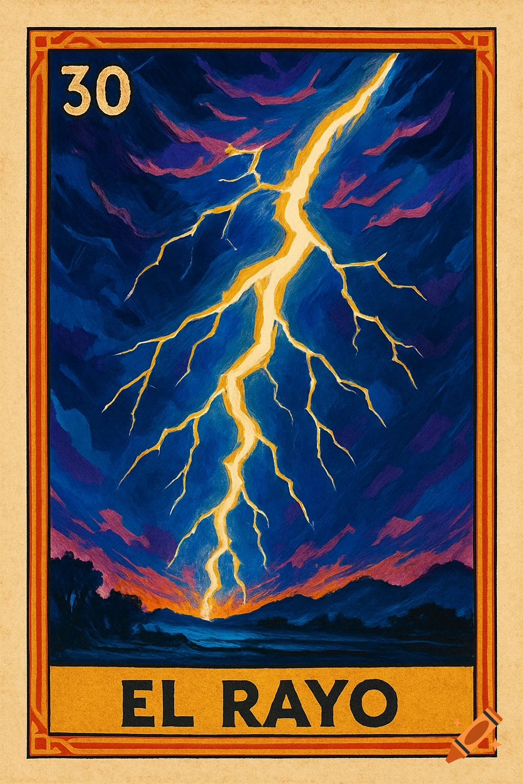 A vibrant Loteria card with a yellow lightning bolt striking during a twilight storm, numbered 30 with 'EL RAYO' text.