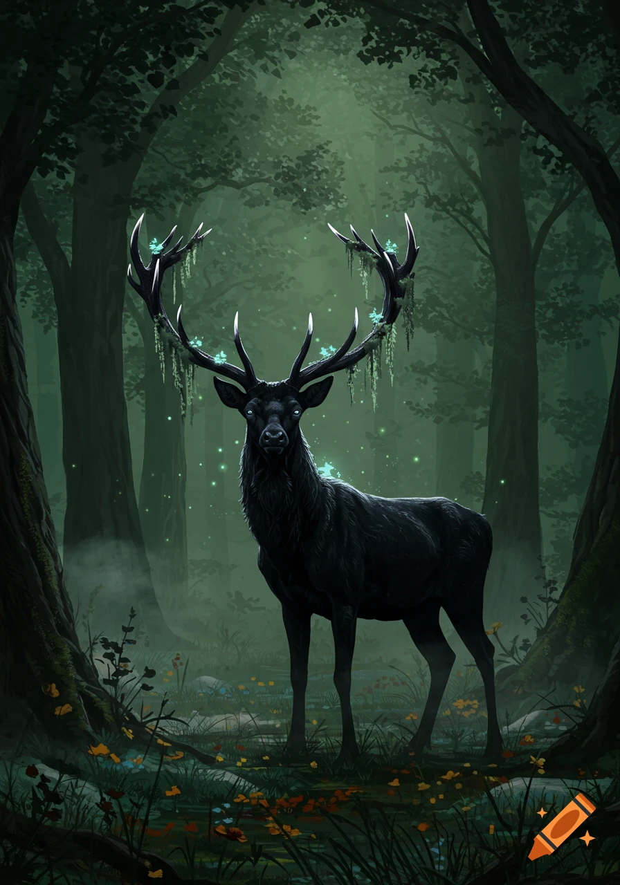 A black deer with glowing blue eyes and large antlers adorned with glowing blue plants and moss stands in a dark, mystical forest.