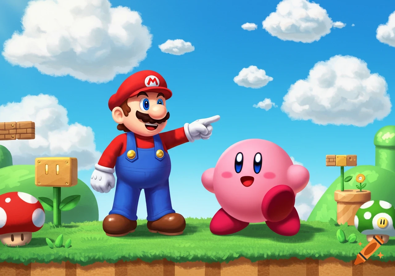Mario pointing at Kirby in a vibrant Super Mario Bros. themed landscape with clouds, question blocks, and mushrooms.