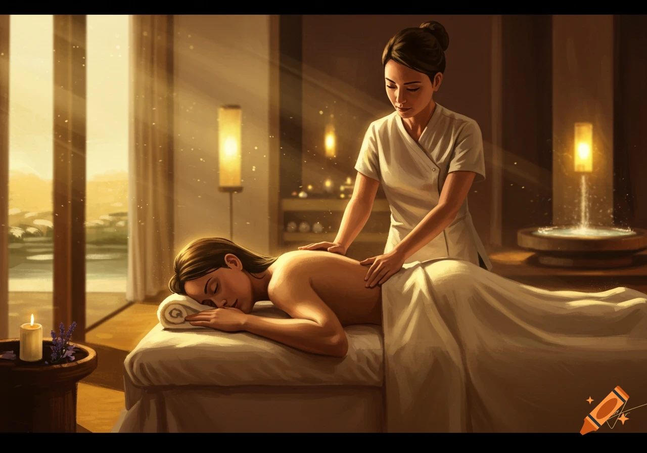 A digital painting of a woman receiving a back massage in a serene spa setting, with warm light filtering through a window.