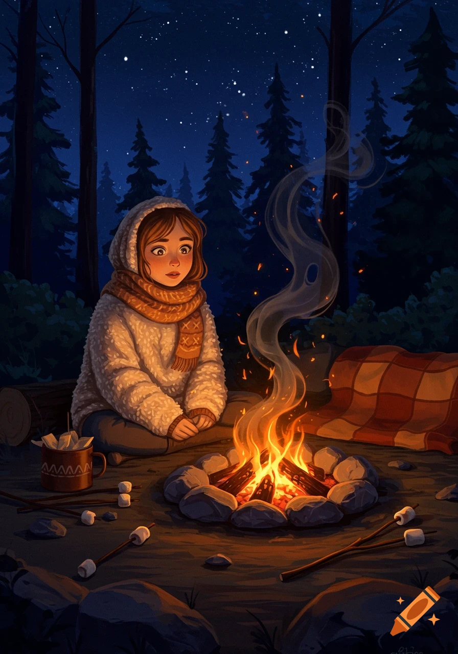 A girl in a cozy sweater and scarf sits by a crackling campfire at night in a forest, under a starry sky.