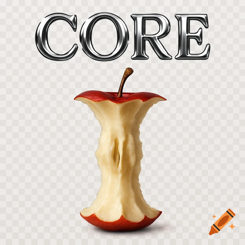 A photorealistic apple core with the metallic word 'CORE' above it on a transparent background.