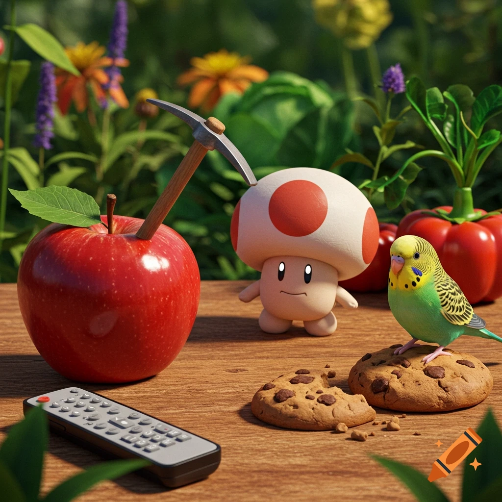 A photorealistic still life with a red apple, pickaxe, Mario mushroom, parakeet, cookies, and a TV remote on a wooden table.
