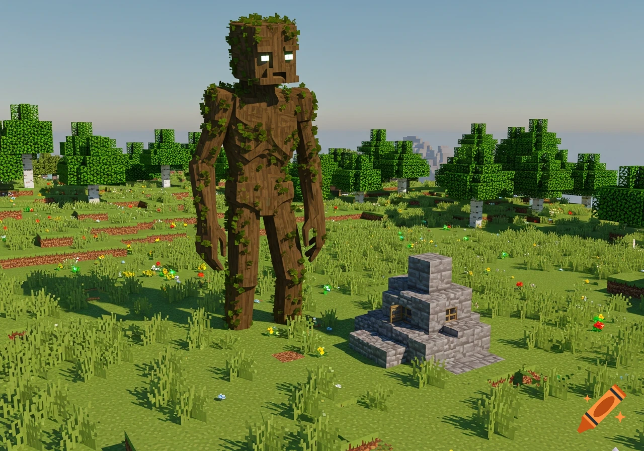 A massive, blocky tree-like god stands in a Minecraft plains biome next to a small cobblestone shrine.