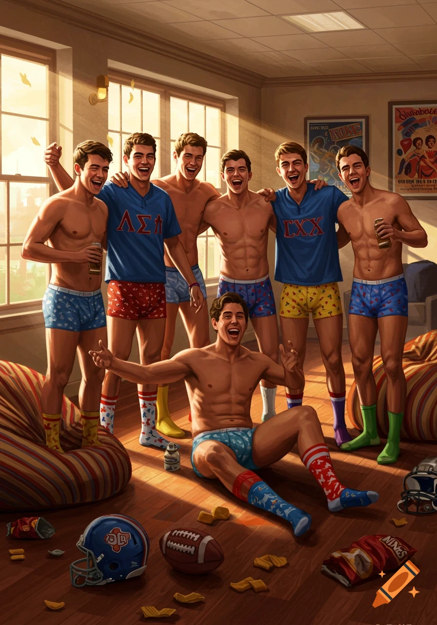 Group of laughing young men in boxers and socks posing in a sunlit room with scattered snacks and sports gear.
