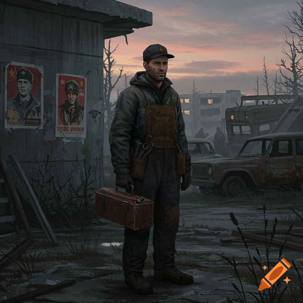A man in work overalls holds a toolbox in a grim, post-apocalyptic setting with dilapidated buildings and abandoned cars under a twilight sky.
