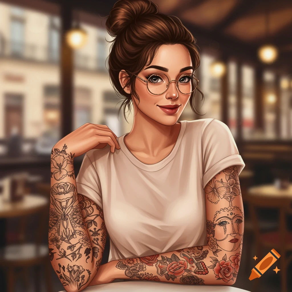 Illustrated portrait of a woman with tattoos and glasses, sitting in a cafe.