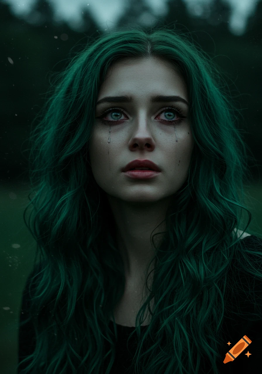Photorealistic portrait of a young woman with long, vibrant green hair, crying with tears streaming down her face.