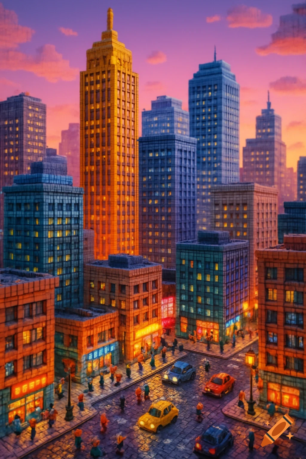 A vibrant, blocky cityscape at sunset with colorful buildings, cars, and small people on the street.