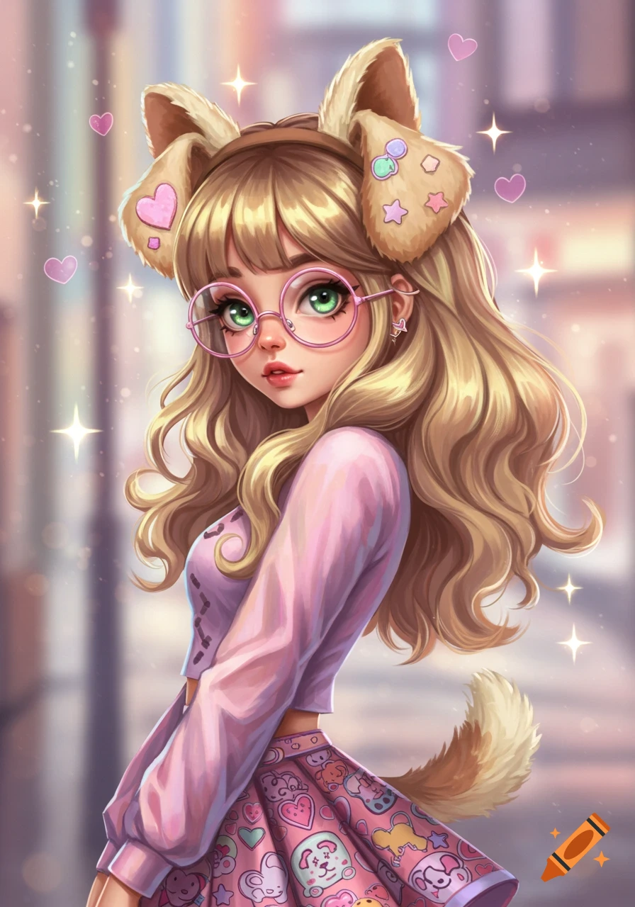 A stylized illustration of a girl with blonde hair, green eyes, pink glasses, puppy ears and tail, wearing a pink top and patterned skirt.