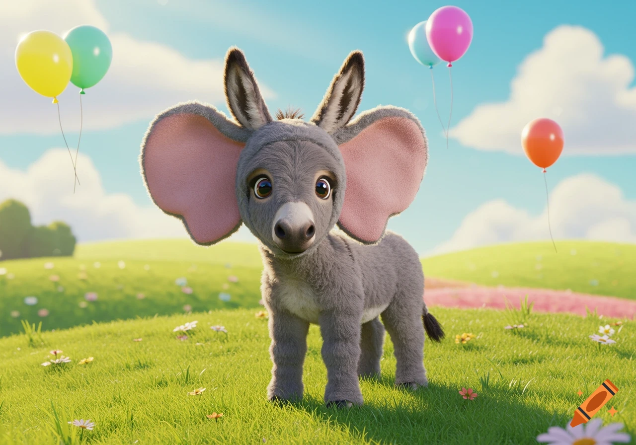 A cute cartoon baby donkey with large pink elephant ears stands in a bright green field with colorful balloons floating in the sky.