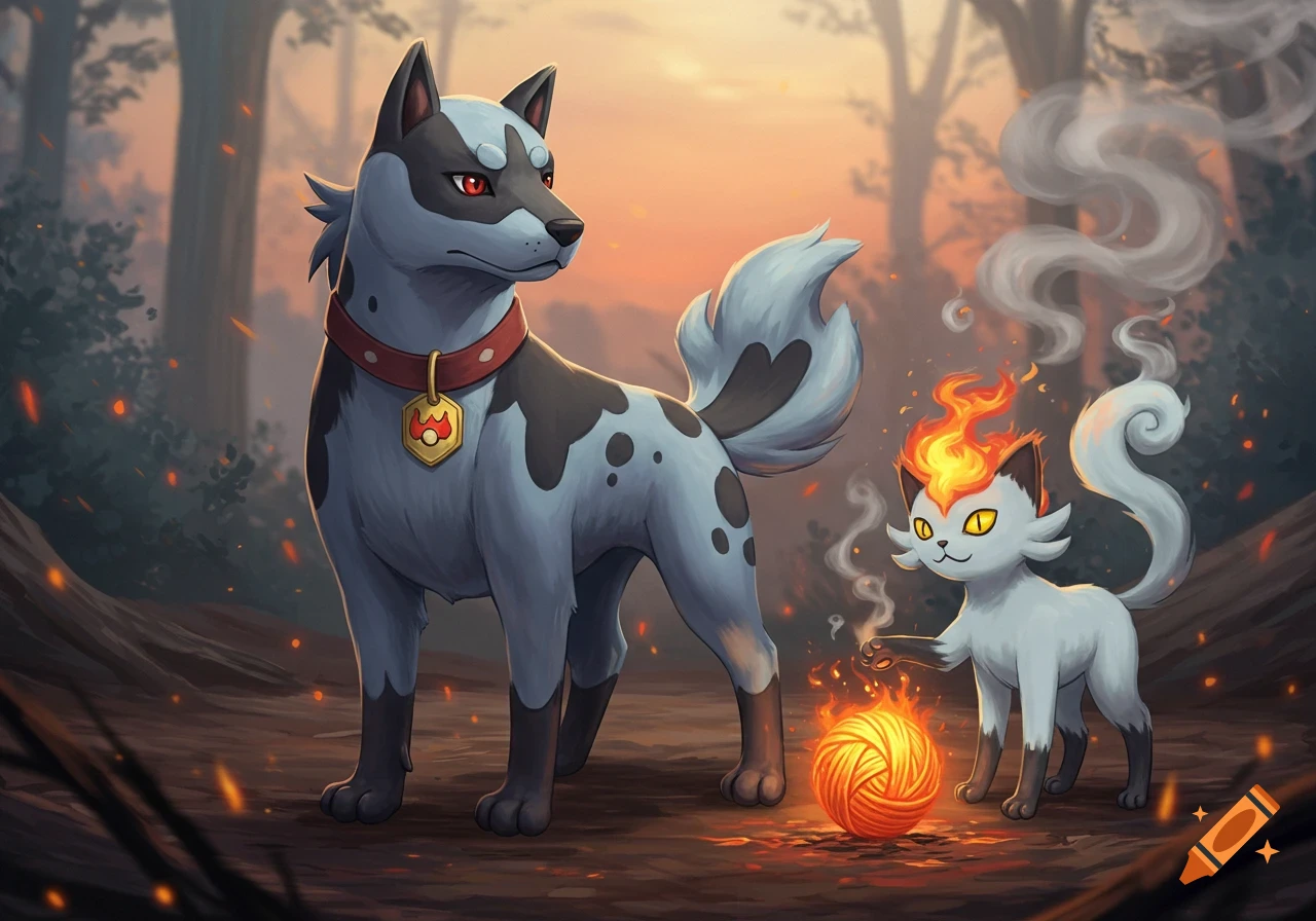A stylized gray dog-like creature and a small white cat-like creature with a flaming head stand in a forest as the cat touches a fiery yarn ball.