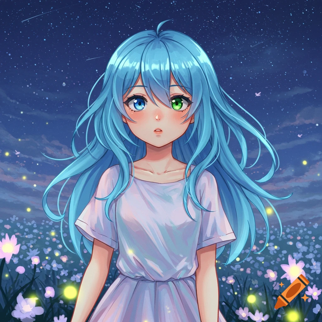 Anime girl with blue hair and heterochromatic eyes in a field of flowers under a starry night.