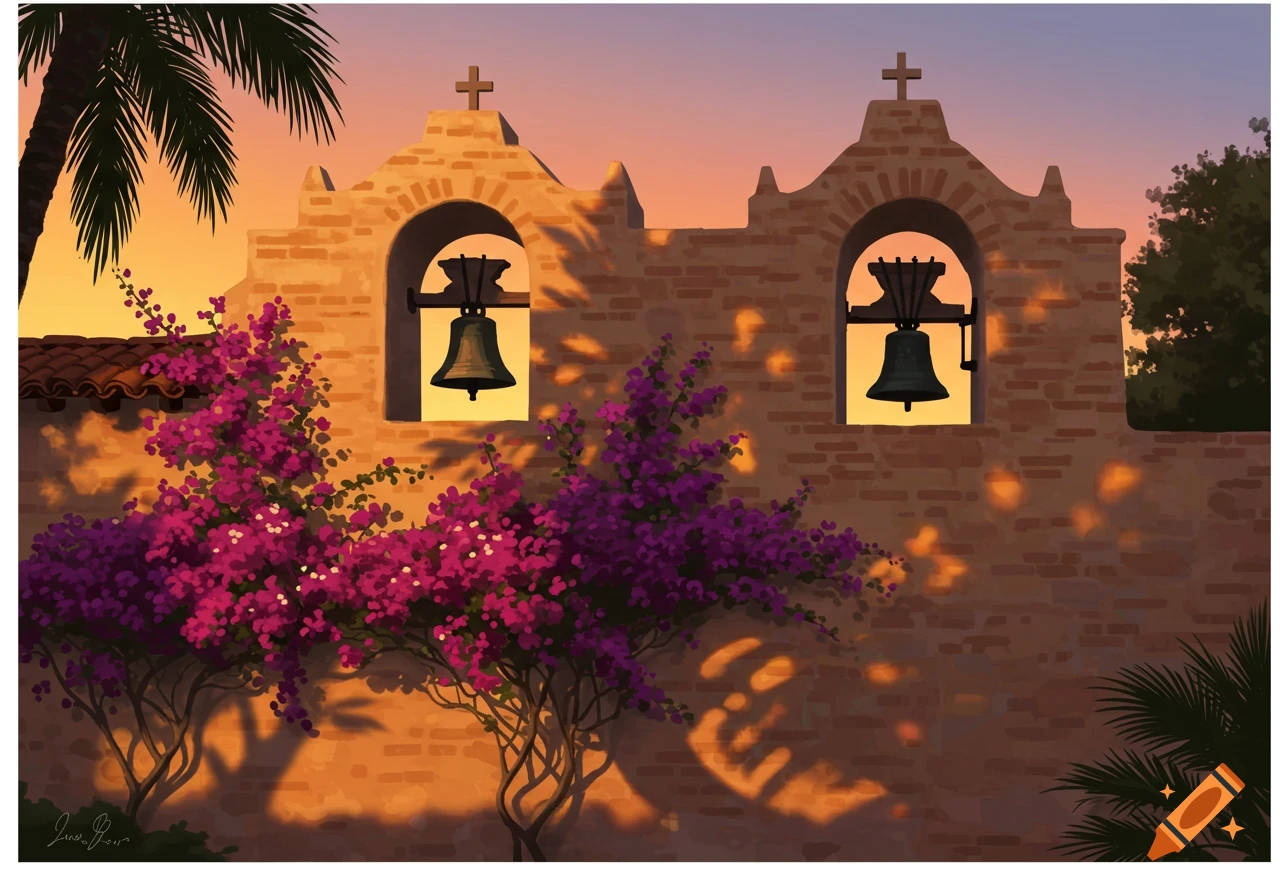 An illustrated mission wall with two bells in arches, vibrant purple bougainvillea, and palm trees against a warm sunset sky.