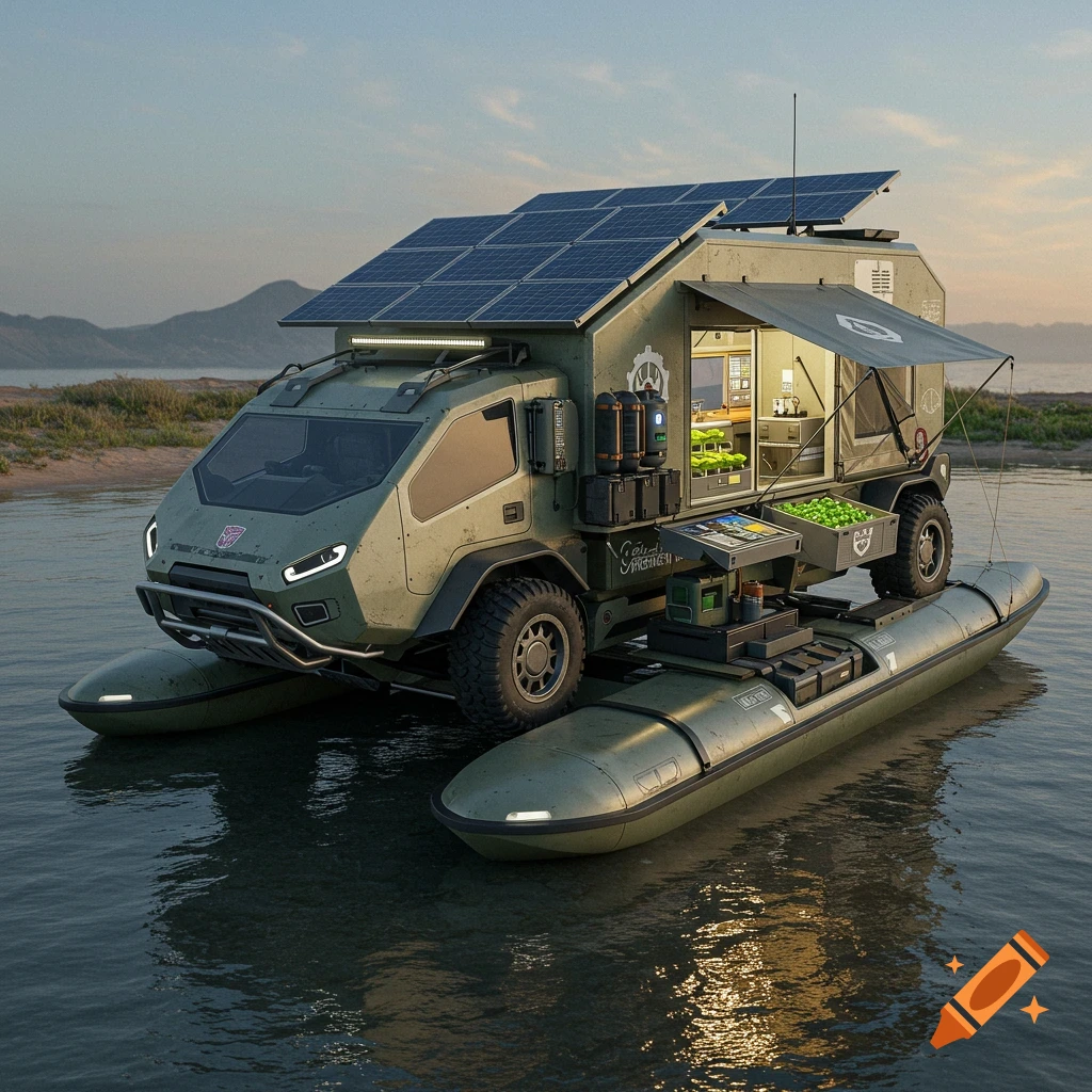 A futuristic, olive green, transformer-style vehicle with solar panels on the roof floats on water, with land visible in the background.