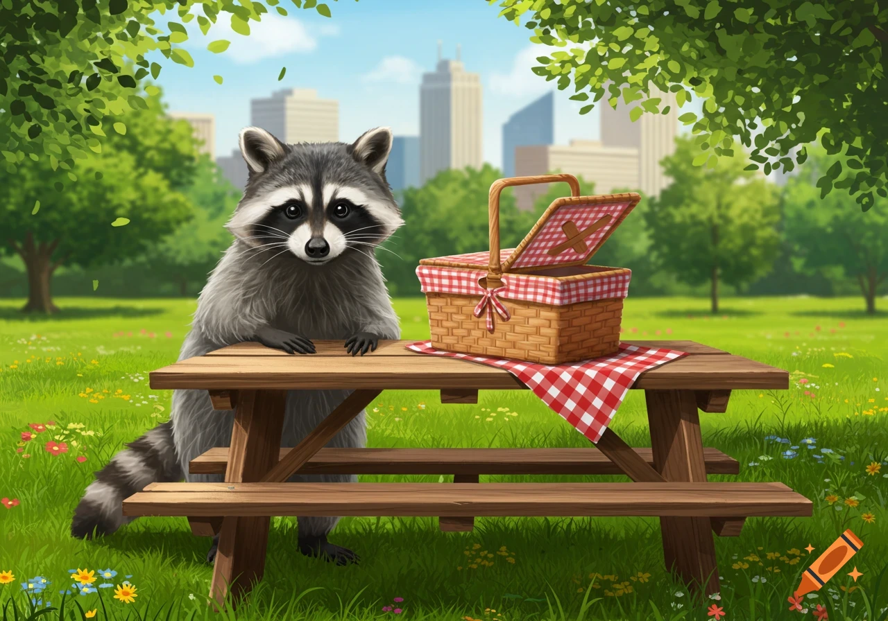A raccoon peeking over a picnic table with a red checkered picnic basket in a city park with buildings in the background.