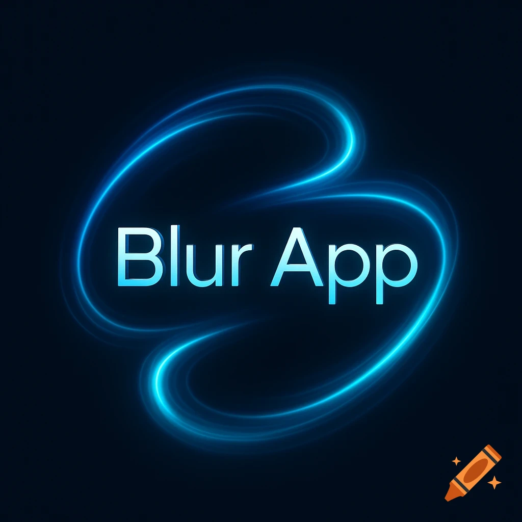 A dark blue background with bright blue swirling neon lines surrounding the text "Blur App", an abstract digital logo.
