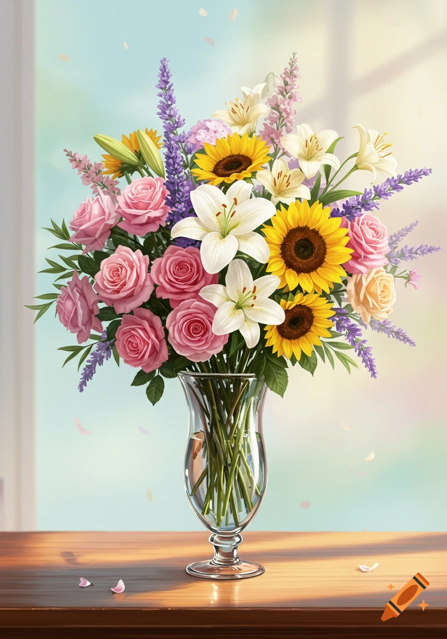 A vibrant bouquet of pink roses, white lilies, yellow sunflowers, and purple lavender in a clear vase on a wooden table, with a soft pastel background.