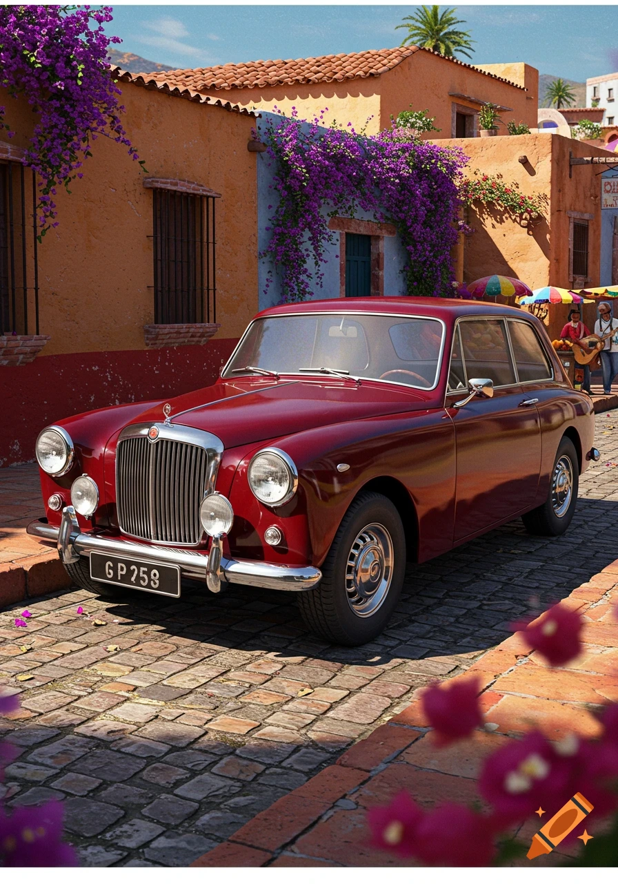 A red vintage car parked on a cobblestone street in a vibrant town with colorful buildings and purple flowers.